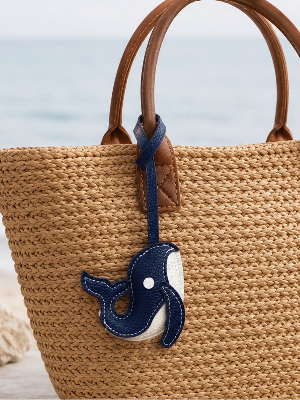 Whale Faux Leather Keychain Bag Charm Navy Blue White Cute